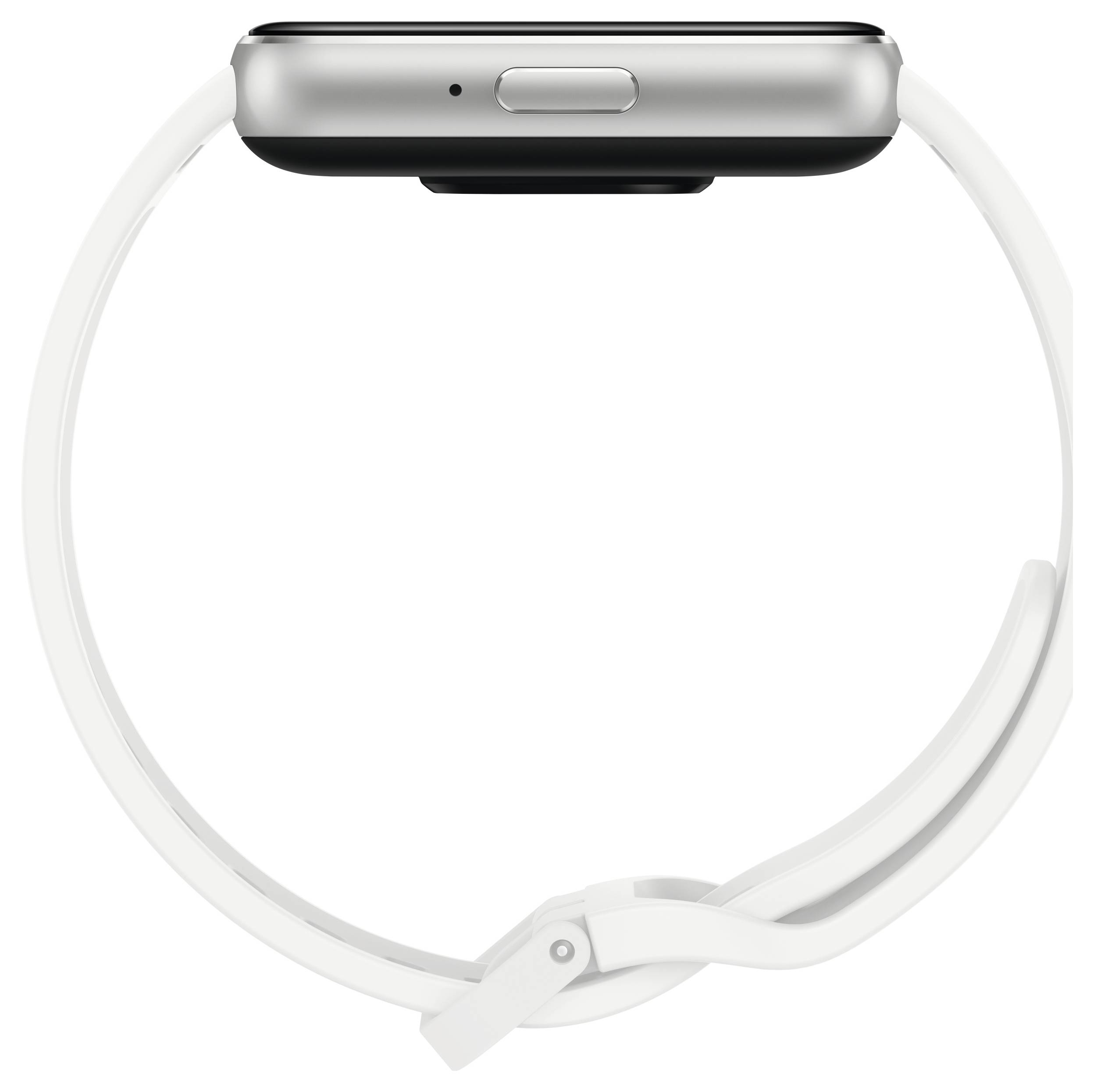 Smartwatch con cassa in metallo e cinturino bianco, vista laterale. Nella parte superiore è presente un pulsante.