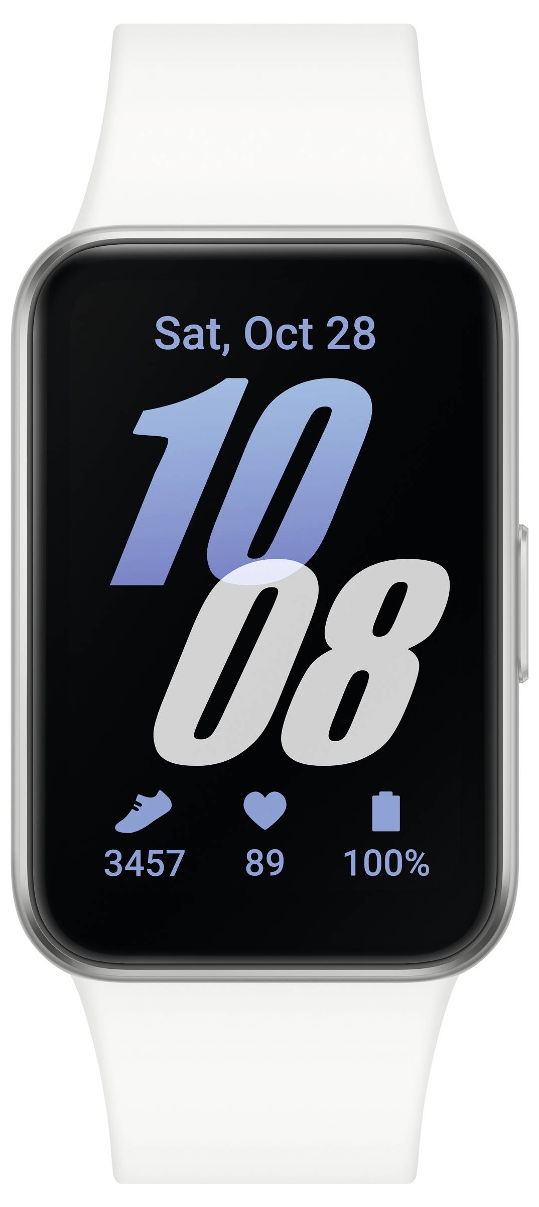 Smartwatch con cinturino bianco mostra data 'Sab, 28 Ott', ora '10:08', passi '3457', frequenza cardiaca '89' e batteria '100%'.