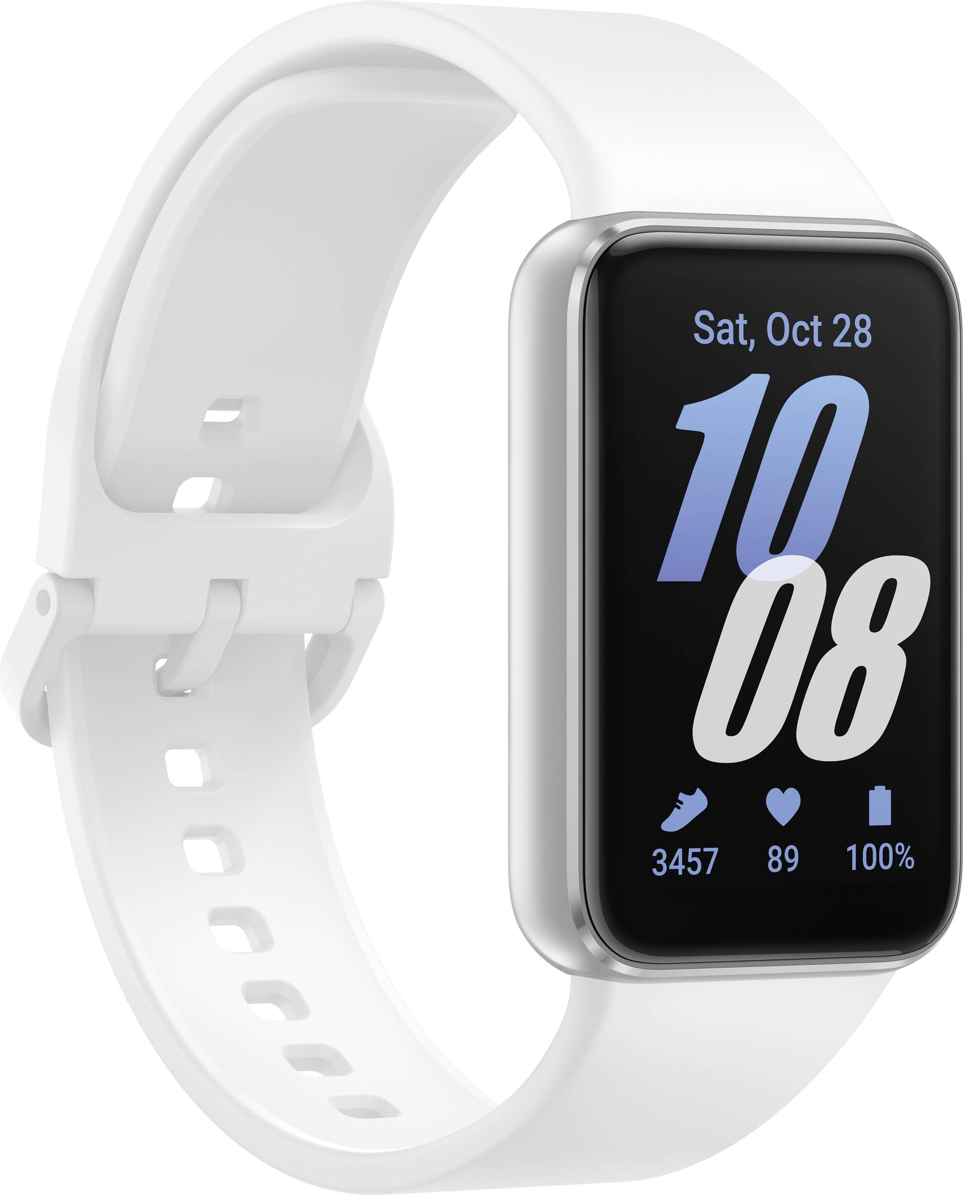 Braccialetto fitness bianco con schermo rettangolare, mostra data 'Sabato, 28 ottobre', ora '10:08', passi '3457', frequenza cardiaca '89', batteria '100%'.