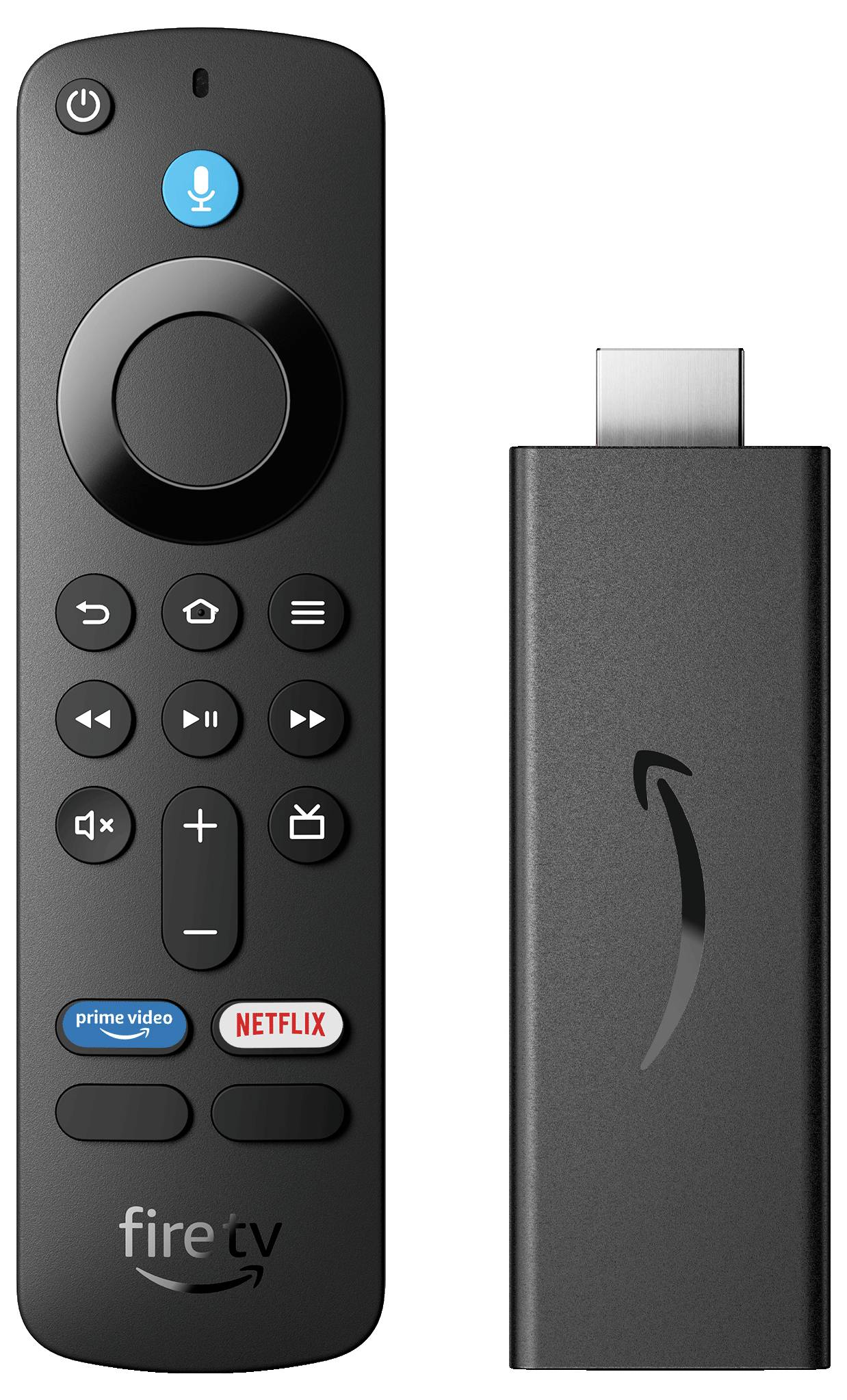 Un telecomando nero e un dispositivo di streaming, etichettato con 'fire tv', mostrato con pulsanti per 'prime video' e 'Netflix'.