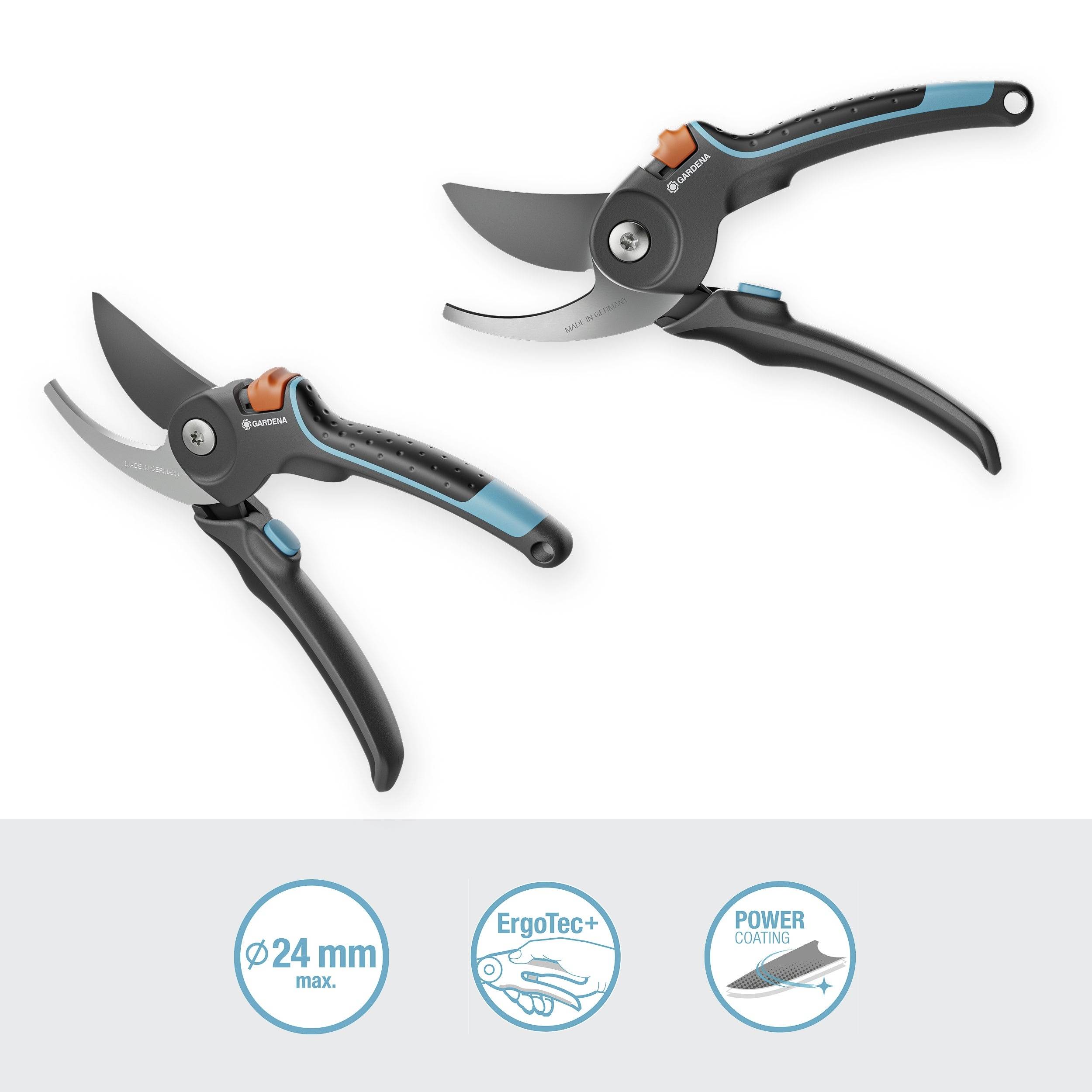 Forbice da giardino con impugnatura ergonomica, lama rivestita antiaderente, adatta al taglio di rami fino a 24 mm di diametro.