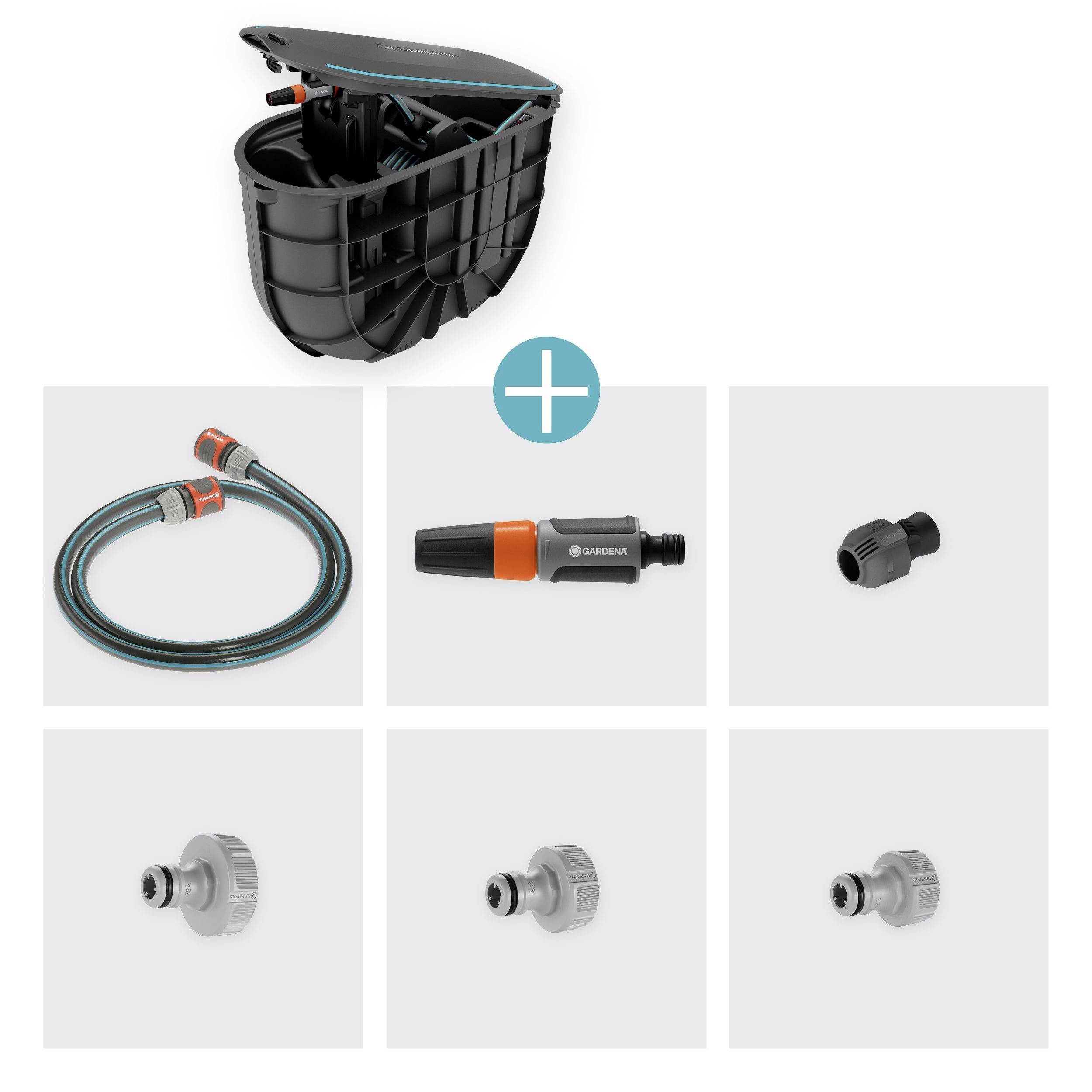Sistema di irrigazione GARDENA: Include unità di controllo, tubo a spirale, ugello a spruzzo e sei elementi di connessione per una cura efficiente del giardino.