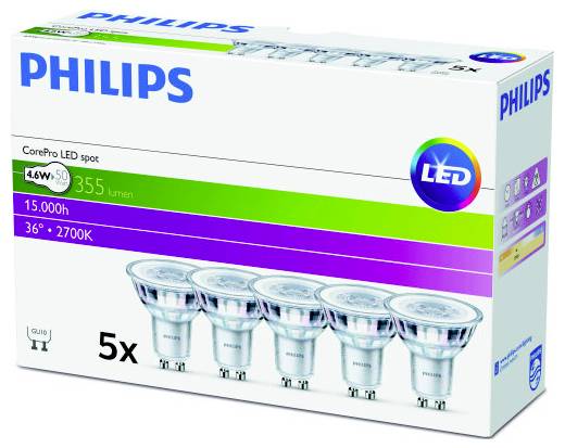 Confezione da cinque lampadine LED Philips, 355 lumen, 2700K, adatte per attacco GU10. A basso consumo energetico, con una durata di 15.000 ore.