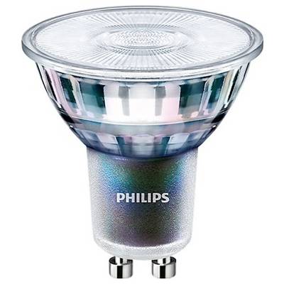 Lampada LED Philips con attacco GU10, involucro trasparente e superficie prismatica per una distribuzione uniforme della luce.