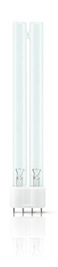 Una lampada UV con due tubi e una base bianca, utilizzata per scopi di disinfezione.
