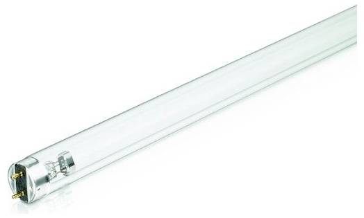 Tubo fluorescente su sfondo bianco, disposto orizzontalmente con due piedini visibili a un'estremità.