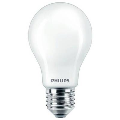Una lampadina con scritto 'Philips', base argentata, vetro bianco, in stato di spegnimento.