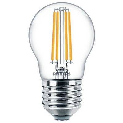 Una lampadina LED moderna con superficie in vetro trasparente mostra filamenti luminosi arancioni. Adatta per un'illuminazione a risparmio energetico.