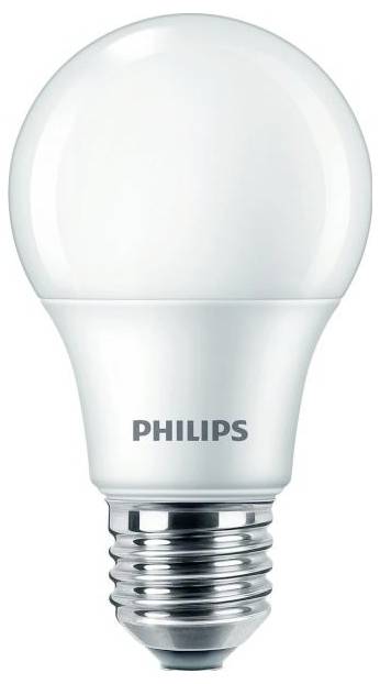 Una lampadina LED Philips con attacco E27. La lampadina ha una superficie opaca ed è a risparmio energetico.
