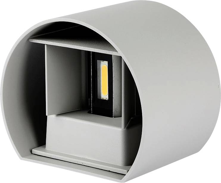 Una lampada da parete LED grigia con design moderno e rotondo e diodo luminoso visibile. Adatta per illuminazione interna o esterna.