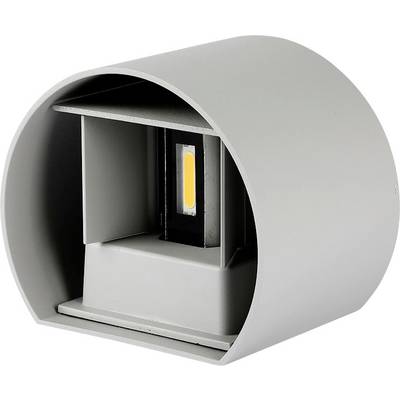 Una lampada da parete LED grigia con design moderno e rotondo e diodo luminoso visibile. Adatta per illuminazione interna o esterna.