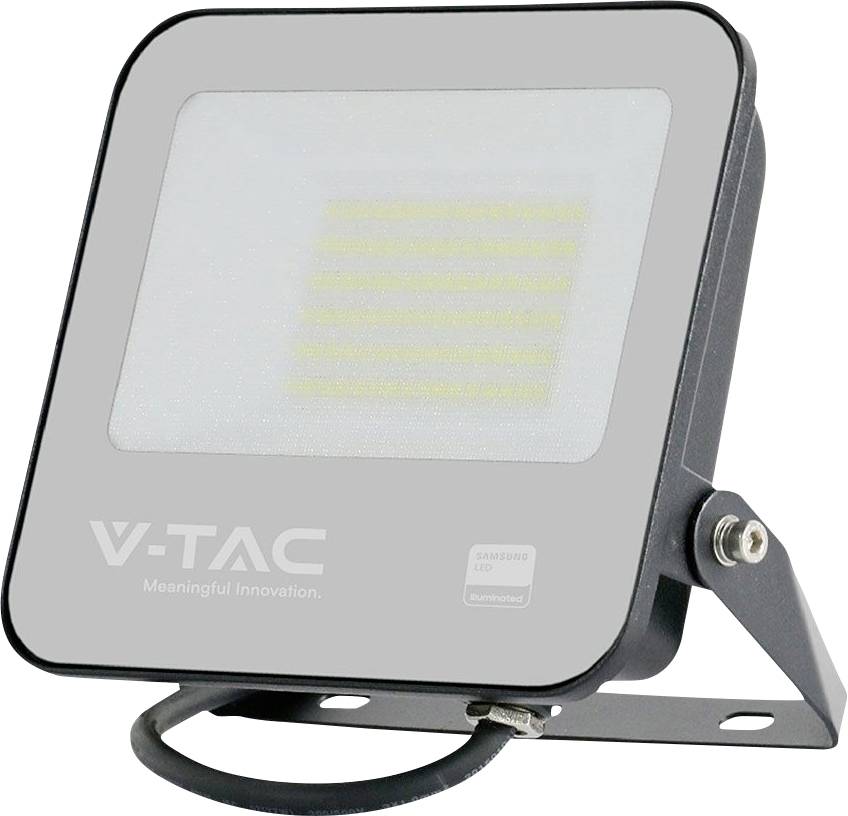 Proiettore LED quadrato con cornice nera, contrassegnato con 'V-TAC Meaningful Innovation', montato su un supporto.