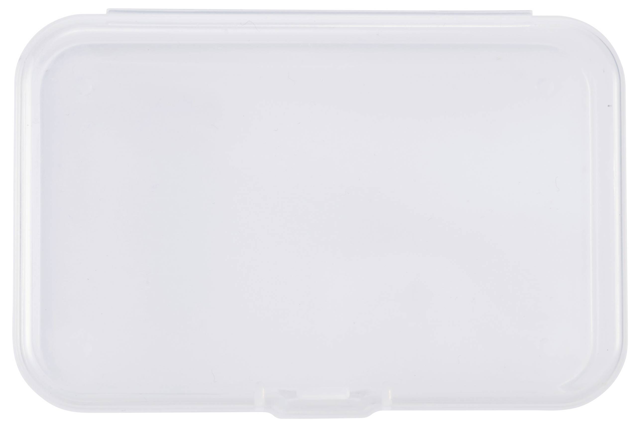 Scatola trasparente in plastica con coperchio, forma rettangolare, adatta per conservare piccoli oggetti o materiali da ufficio.
