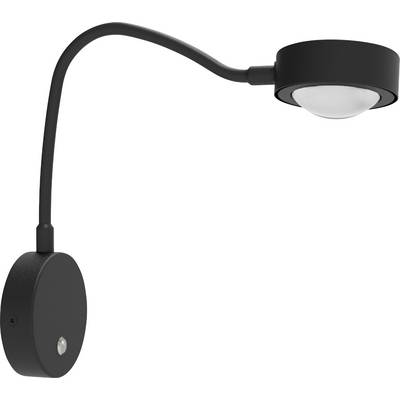 Applique da parete LED moderna nera con braccio flessibile e testa rotonda, ideale per illuminazione di lettura o per creare accenti luminosi.