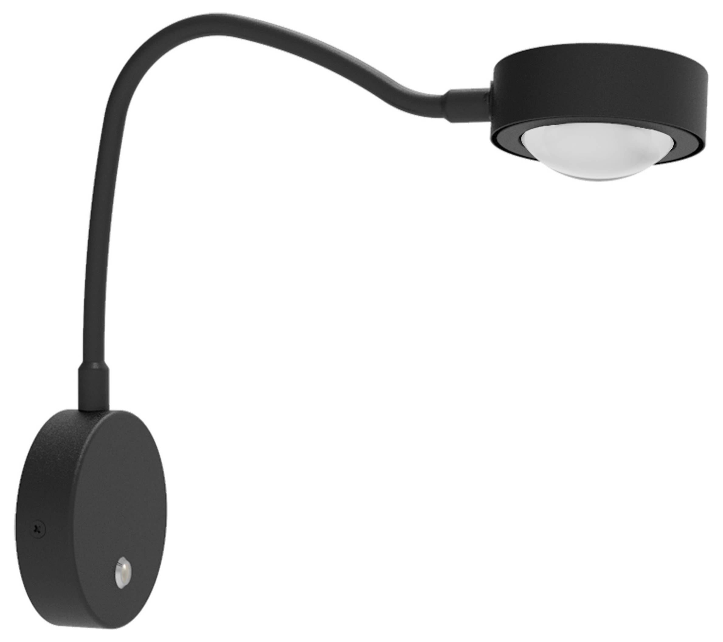 Una lampada da parete nera con braccio flessibile e testa tonda, ideale per un'illuminazione mirata su superfici verticali.