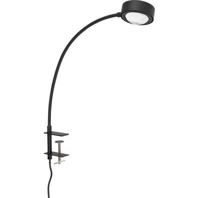 Una lampada da tavolo a LED nera e curva con paralume rotondo, fissata sul bordo di un tavolo. Ideale per un'illuminazione precisa.