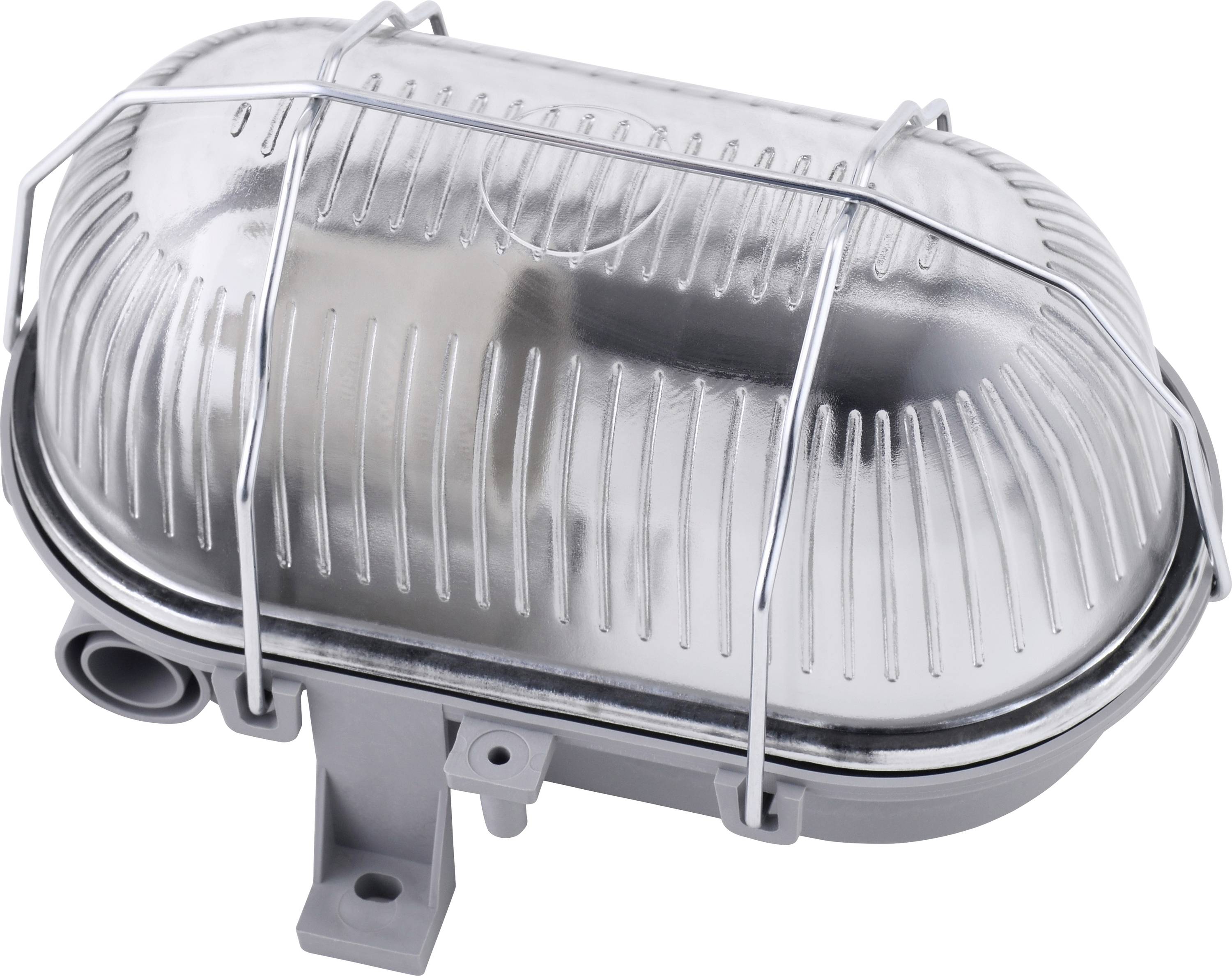 Lampada industriale con copertura metallica ovale e griglia di protezione, idonea per ambienti difficili. Installabile a parete o a soffitto.