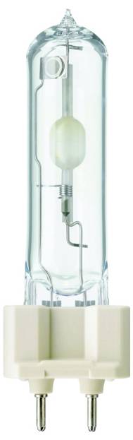 Lampada alogena a vapori metallici di forma cilindrica con contatti del portalampada bianchi, idonea per impieghi di illuminazione professionale.