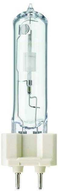 Una lampada a vapori metallici alogena con involucro in vetro trasparente e due piedini di contatto nella parte inferiore, per applicazioni di illuminazione.