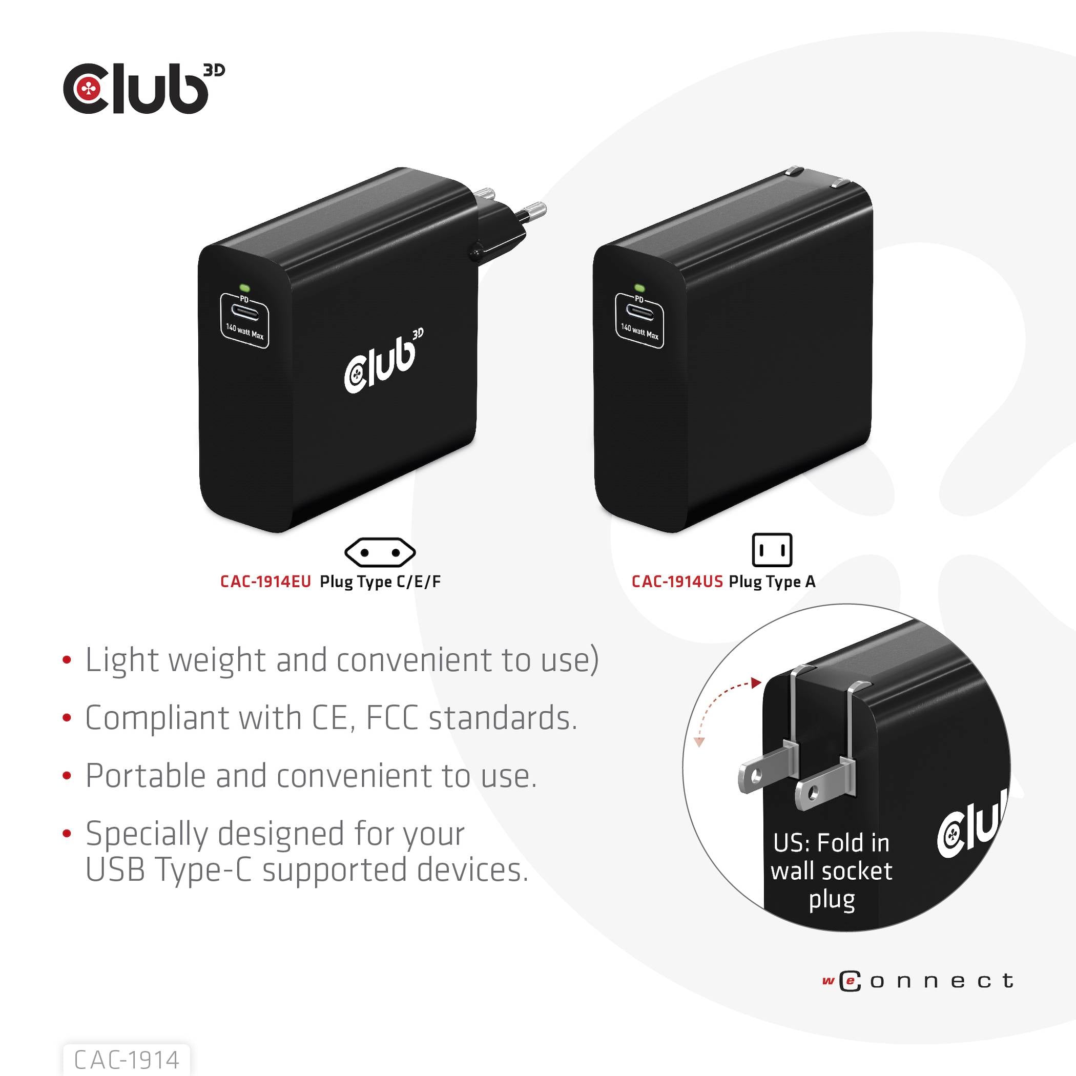 club3D CAC-1914EU Caricatore USB 140 W 1x USB-C ® USB PD 3.1, Consegna di potenza Nero GaN-14