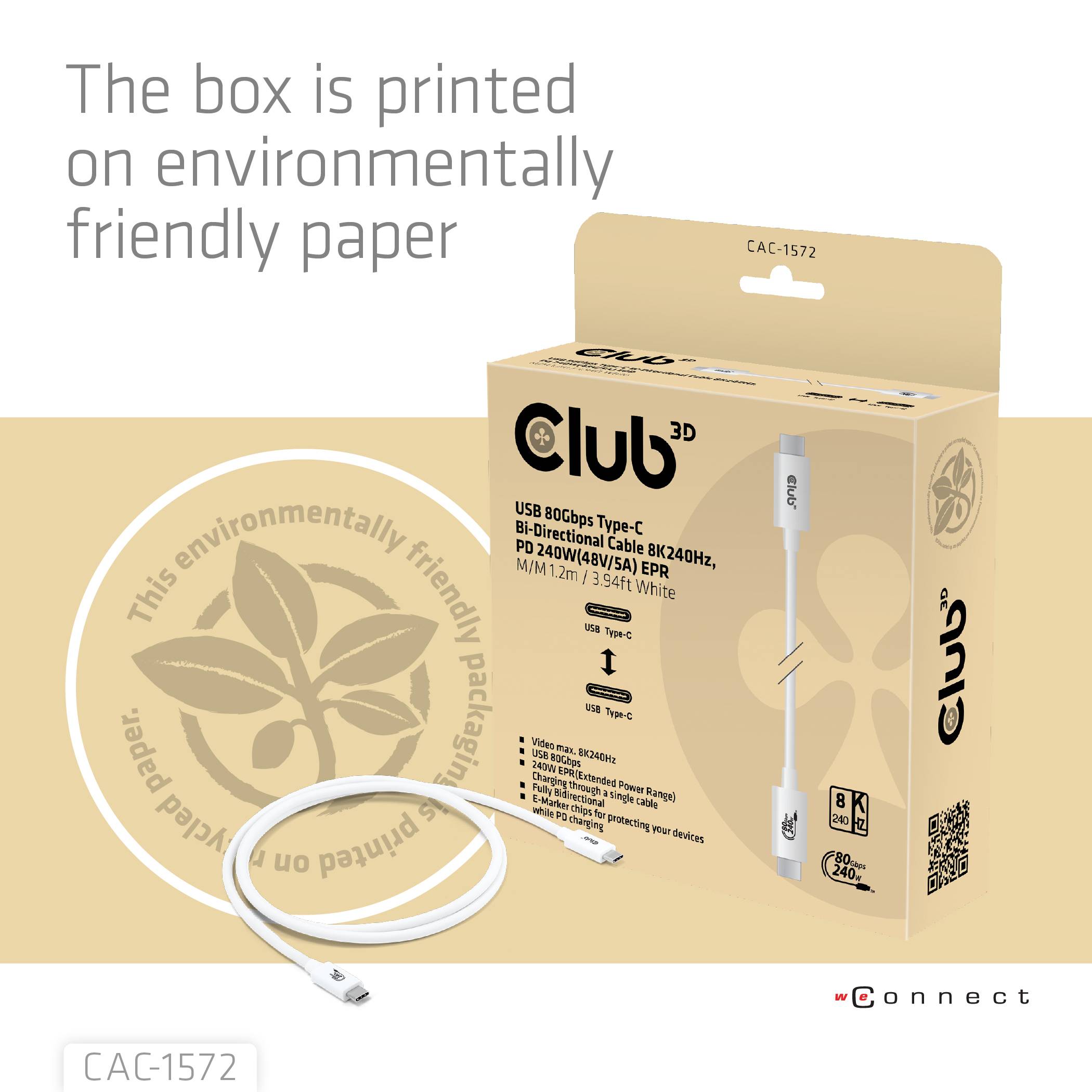 club3D Cavo USB-C USB4™ Spina USB-C® 1.20 m Bianco CAC-1572-6