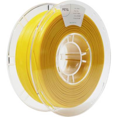 Bobina di filamento gialla per stampante 3D, materiale PETG, montata su una base di plastica trasparente.