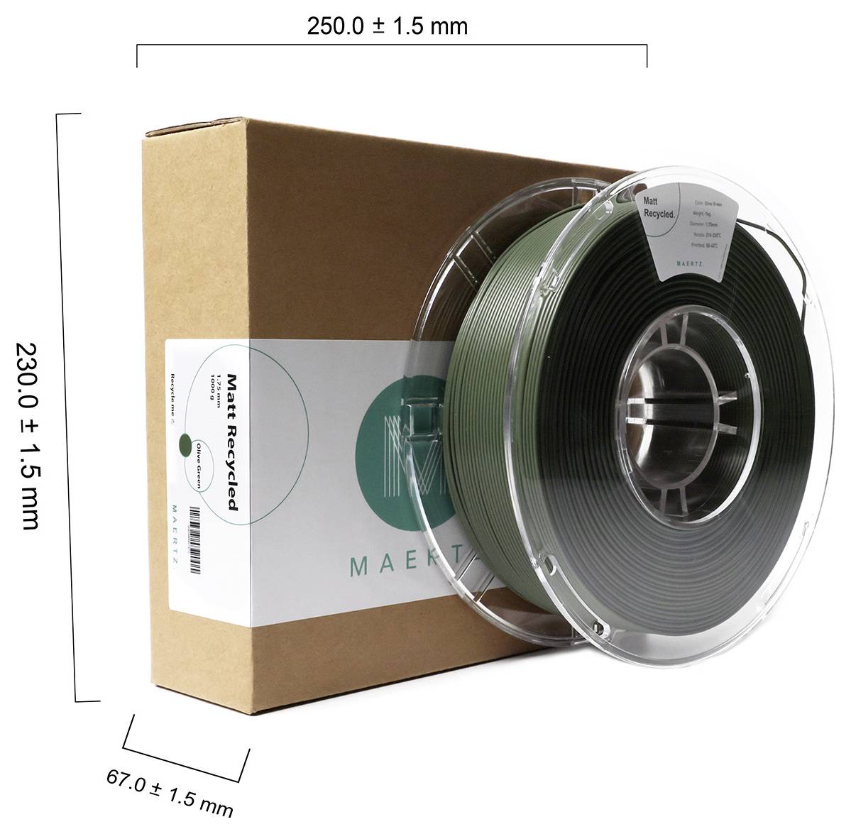 Rotolo di filamento per stampante 3D in verde, confezionato in una scatola. Dimensioni: diametro 250 mm, larghezza 67 mm, altezza 230 mm.