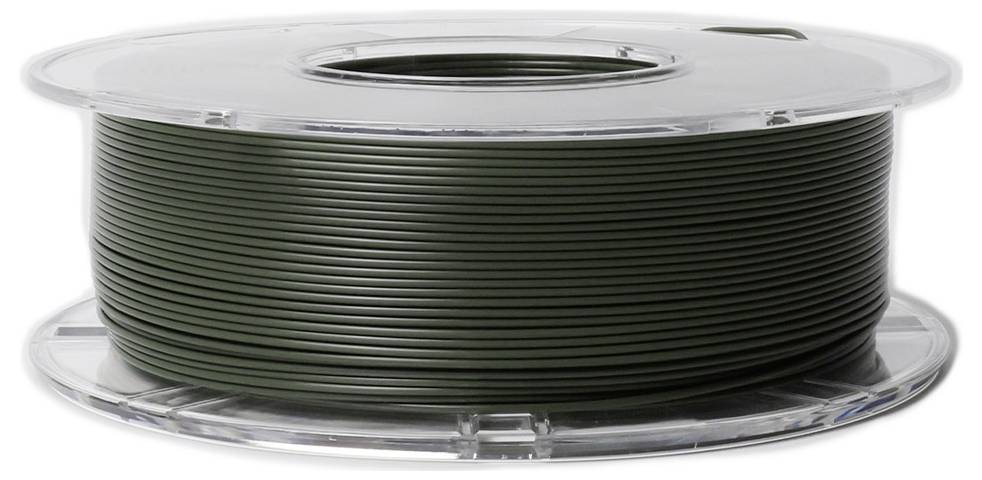 Bobina con filamento verde scuro per stampante 3D, raffigurata di lato.
