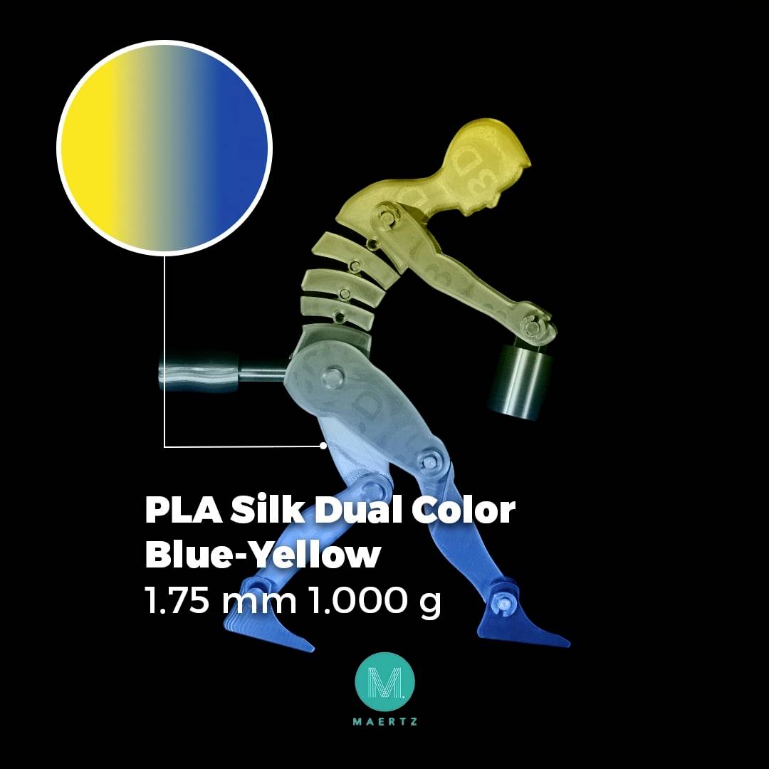 Immagine di una figura colorata realizzata con materiale per stampa 3D, metà blu e metà gialla. Testo: PLA Silk Doppio Colore Blu-Giallo, 1,75 mm, 1.000 g.