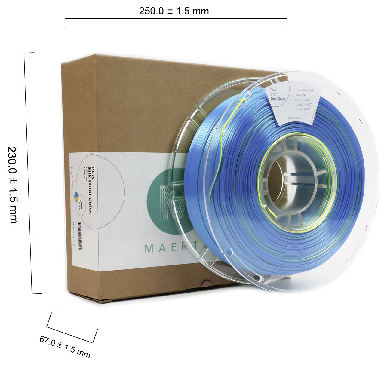 Un rotolo di filamento per stampante 3D blu è posizionato davanti a una scatola marrone con l'etichetta 'MAERT'. Dimensioni della scatola: 250 x 230 x 67 mm.