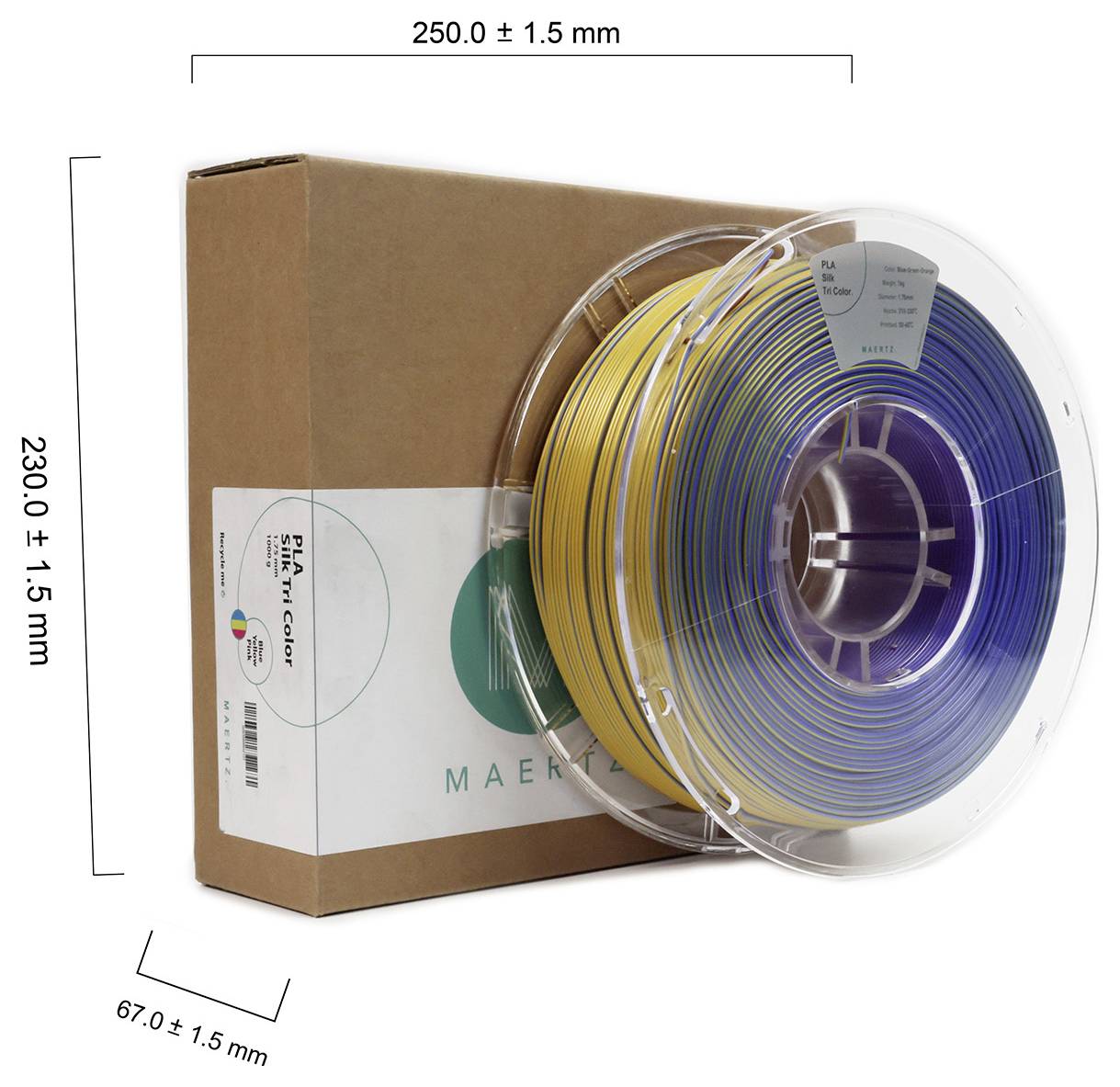 Una bobina di filamento per stampa 3D giallo e blu accanto a una scatola marrone. Dimensioni: 250 mm di larghezza, 230 mm di altezza, 67 mm di profondità.