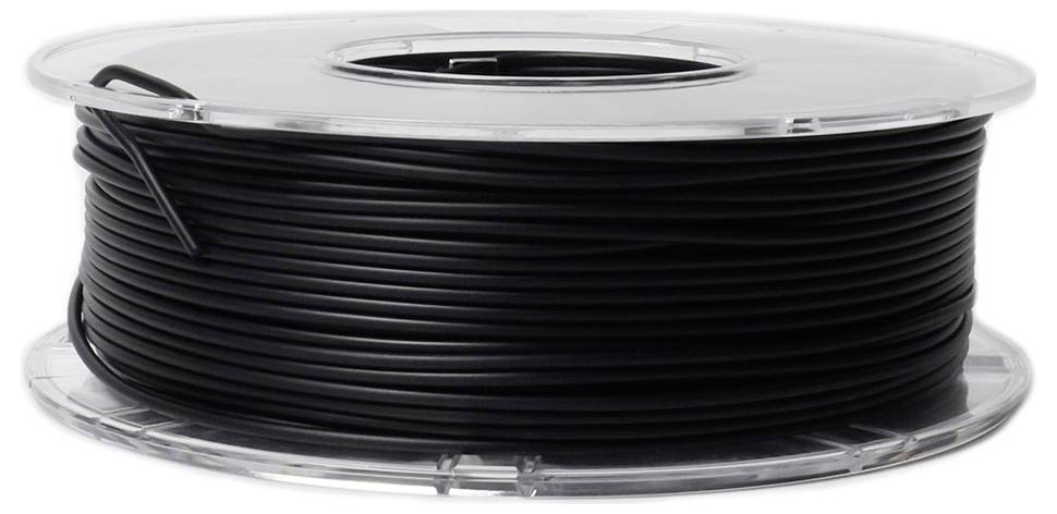 Un rotolo di filo nero avvolto su un rocchetto di plastica trasparente.