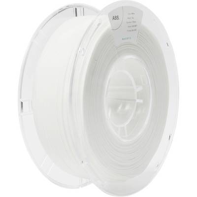 Una bobina di filamento ABS bianco per stampanti 3D. L'etichetta mostra dettagli come peso, diametro e materiale di produzione.