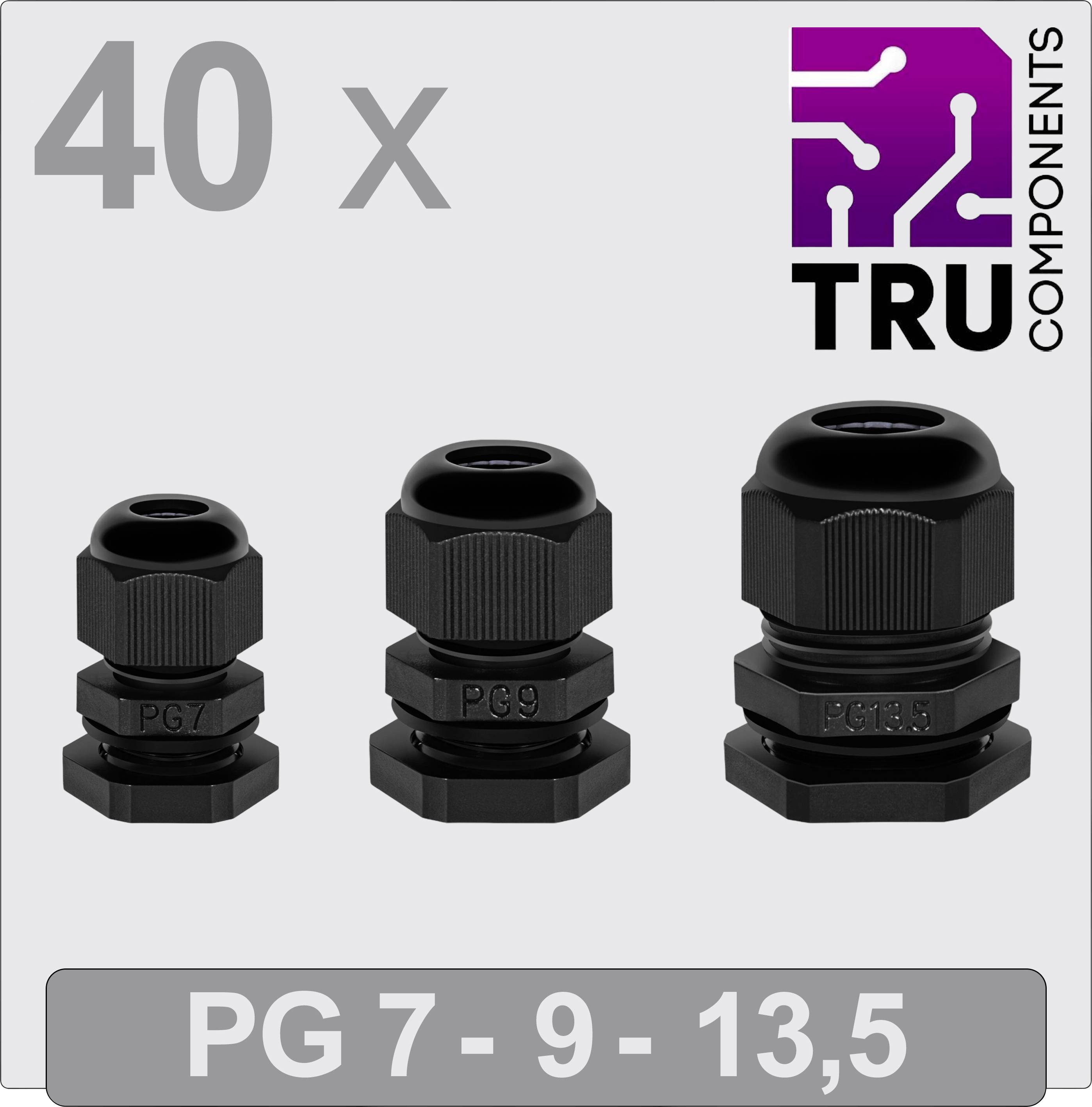 'Tre raccordi passacavo neri di dimensioni diverse con scritte: PG 7, PG 9 e PG 13,5. Logo in alto a destra: TRU Components.'