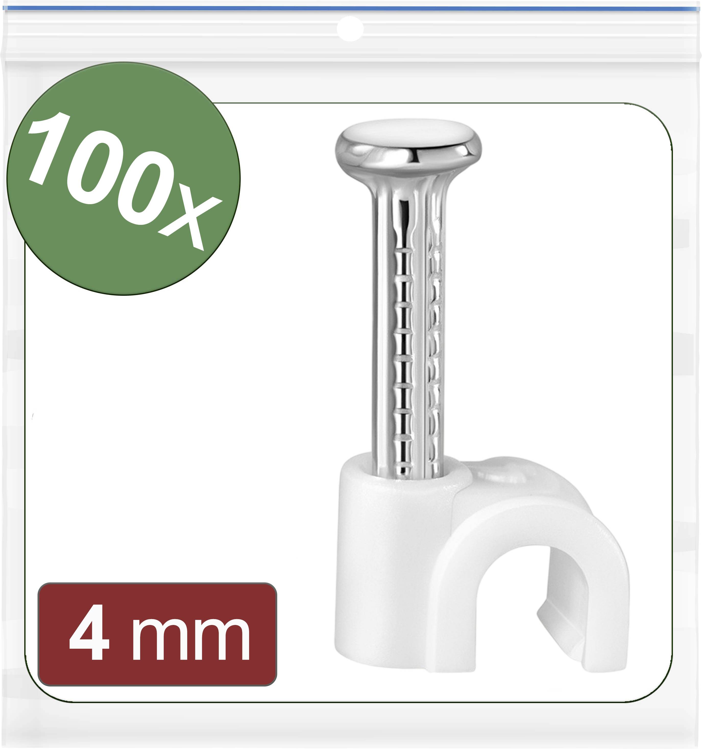 Clip di plastica per cavi con chiodo, confezionato in un sacchetto di plastica trasparente. Stampa: '100x' in un cerchio verde, '4 mm' in un rettangolo rosso.