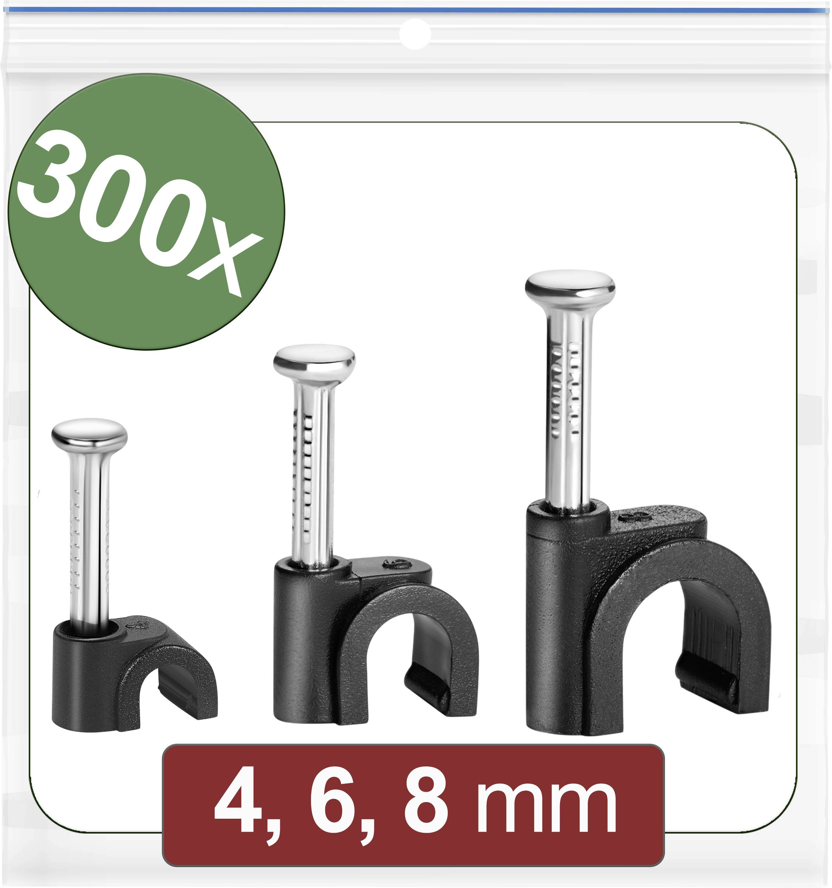 300 Fermacavi con chiodo, nelle misure 4, 6, 8 mm. Ideali per fissare in modo sicuro i cavi alle pareti. Contiene tre diverse dimensioni.