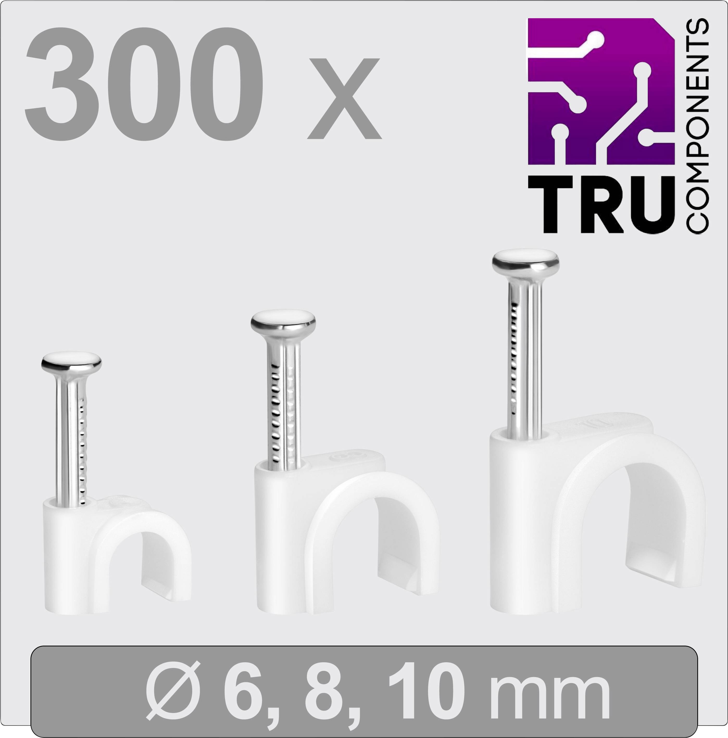 'Tre supporti per cavi con chiodi, dimensioni Ø 6, 8, 10 mm, 300 pezzi, marca TRU Components.'