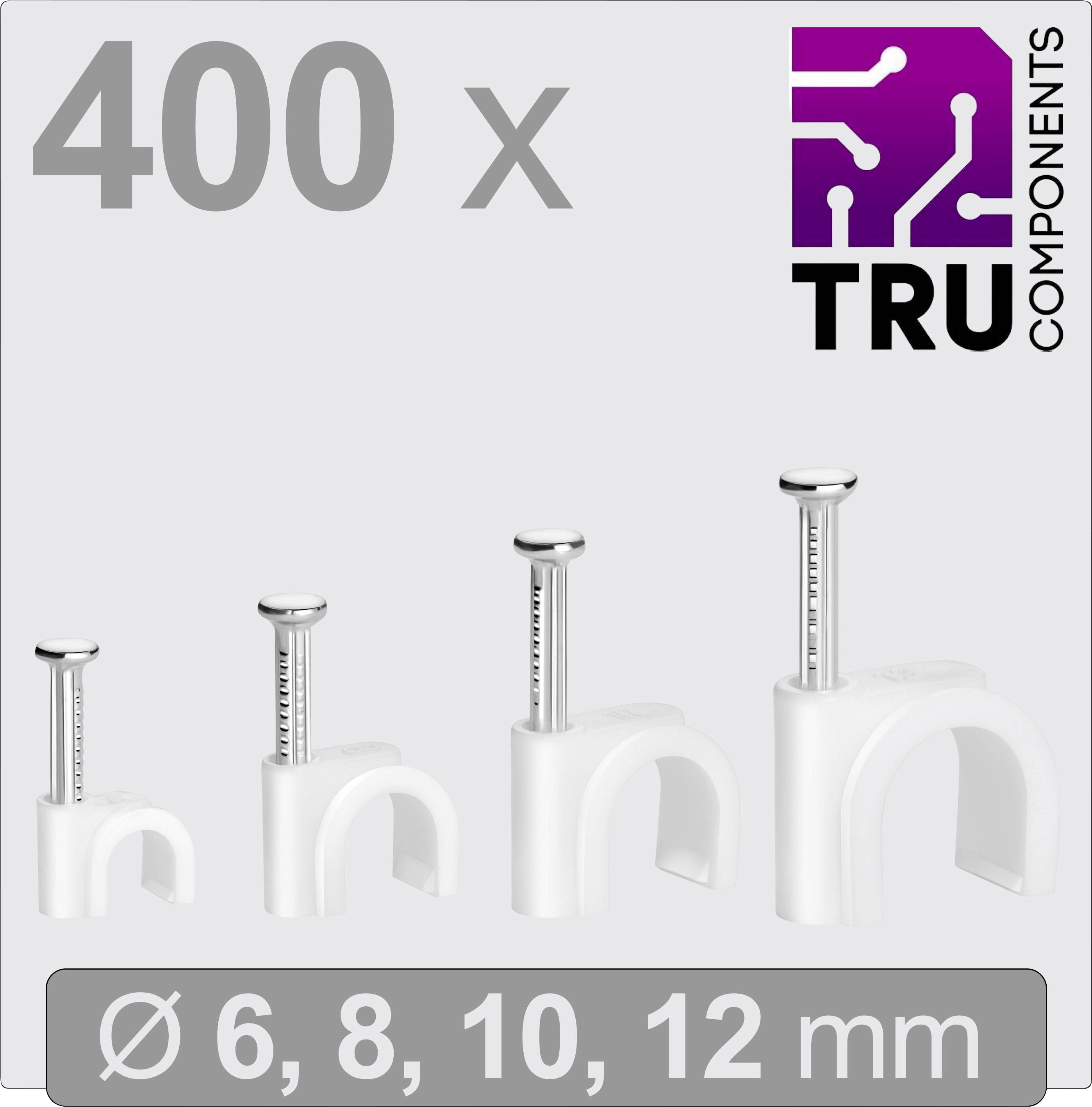 '400 pezzi TRU Components Fermacavi, adatti per cavi con diametri di 6, 8, 10, 12 mm, quattro diverse dimensioni illustrate.'