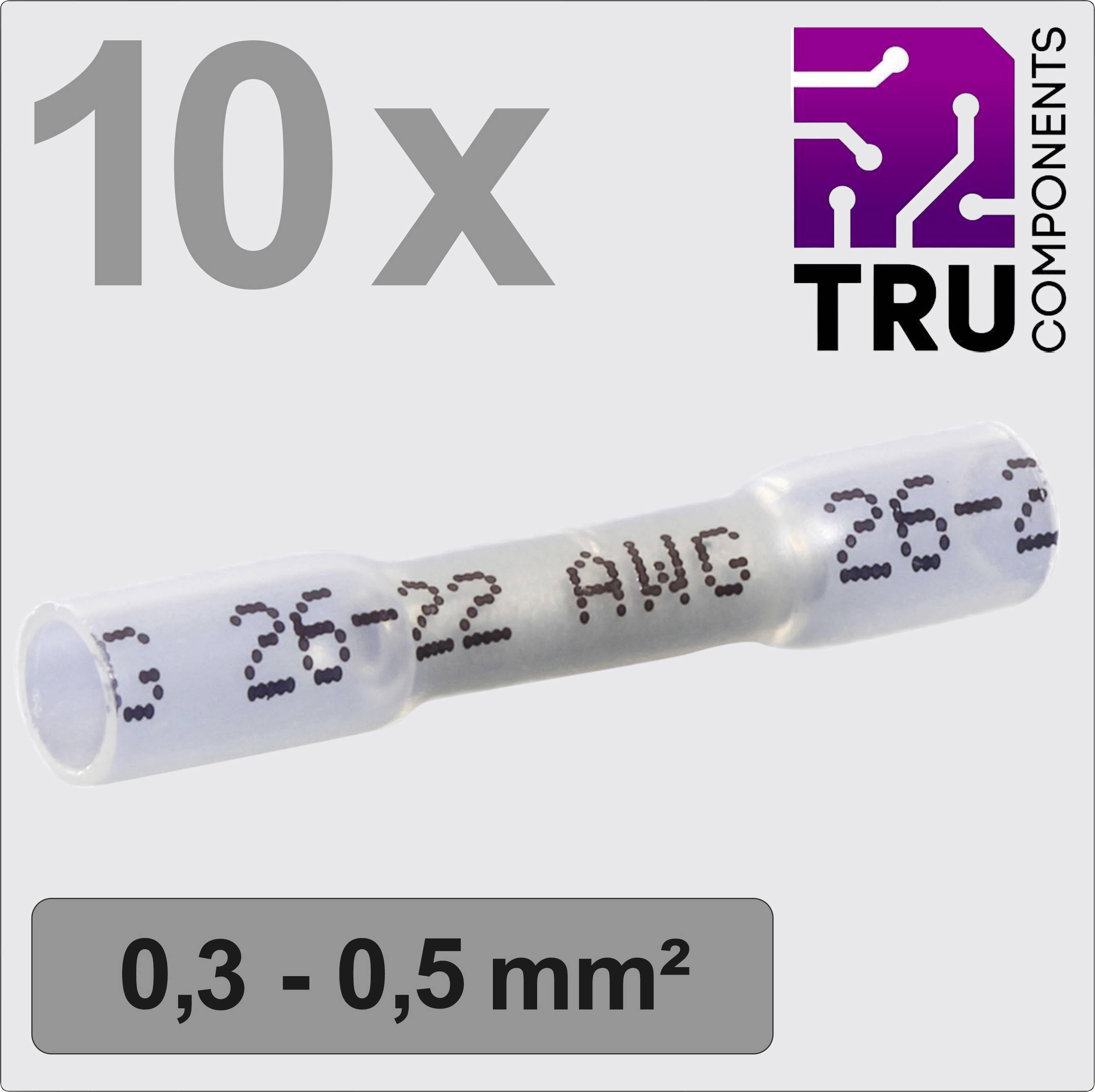 Dieci connettori termorestringenti trasparenti con la scritta '26-22 AWG' per sezioni di cavo da 0,3 a 0,5 mm² di TRU Components.
