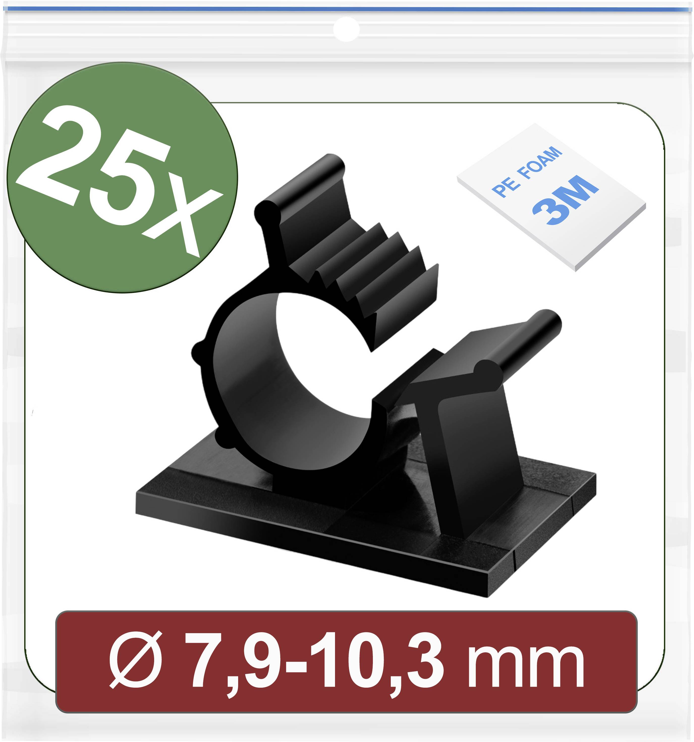 Fascetta per tubi in plastica nera, adatta per tubi con diametro da 7,9-10,3 mm, in confezione da 25 pezzi, inclusi pad adesivi 3M.