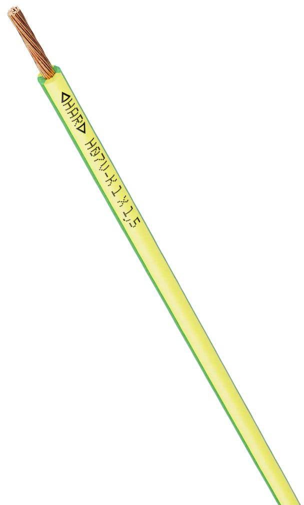 Un cavo elettrico giallo-verde con filo di rame parzialmente esposto, contrassegnato con 'H07V-K 1X1,5'.