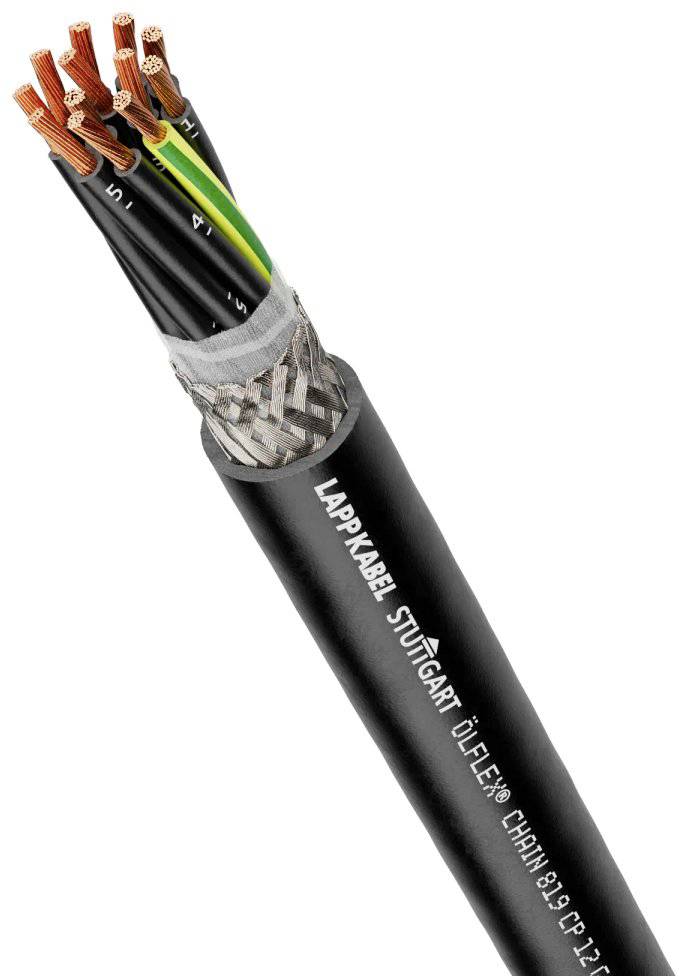 'Sezione trasversale di un cavo LAPP con conduttori in rame e guaina protettiva. Iscrizione: LAPP KABEL STUTTGART, ÖLFLEX CHAIN 819 P 12G1,5.'