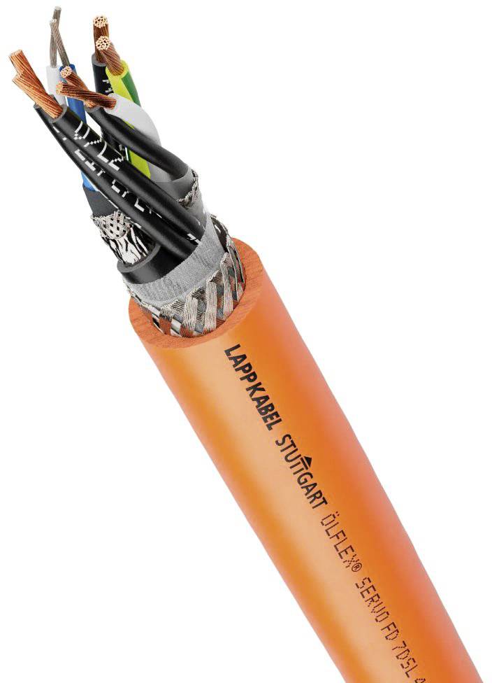 Un cavo industriale arancione robusto con estremità dei fili nere, blu e verdi. L'etichetta mostra il nome del marchio e il numero di modello.