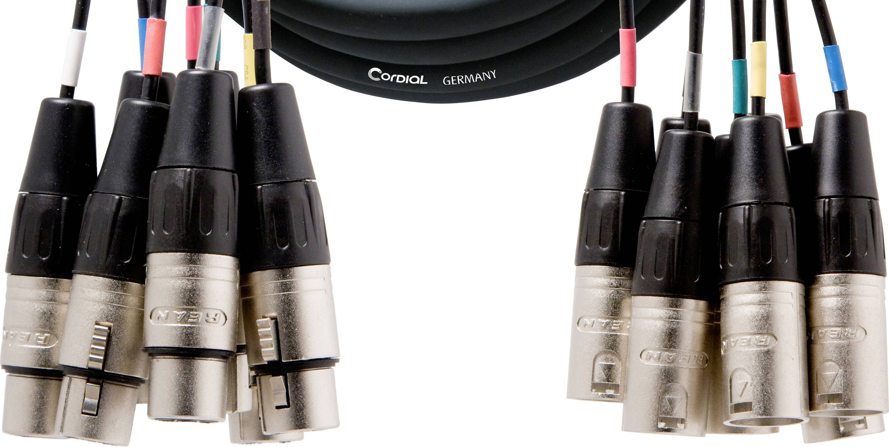 Cavi audio con multipli connettori XLR; marcatura in colori diversi per la distinzione; cavo del marchio Cordial.