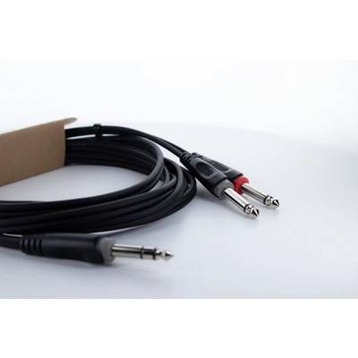 Cavo audio stereo: Un cavo con due spine jack da 6,3 mm e una spina jack da 3,5 mm, su sfondo bianco.