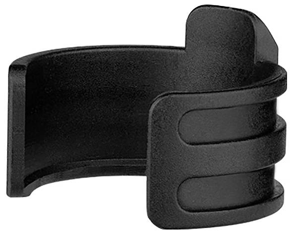 Un pezzo in plastica nera di forma curva con un bordo rialzato su un lato.