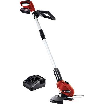 Un tagliabordi a batteria rosso con impugnatura ergonomica e caricabatterie. Adatto per il taglio preciso dei bordi dell'erba nei giardini.