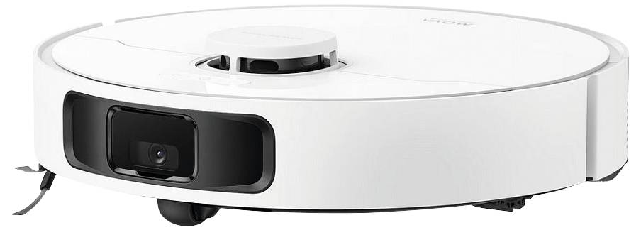Un robot aspirapolvere bianco, rotondo e su ruote, progettato per la pulizia automatica dei pavimenti.