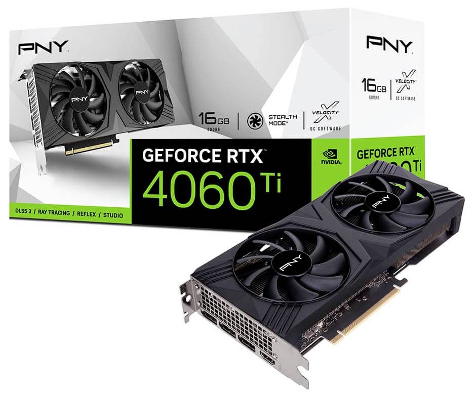 Una scheda grafica PNY GeForce RTX 4060 Ti, 16 GB GDDR6, con due ventole. La confezione sullo sfondo mostra il logo del produttore e le specifiche tecniche.