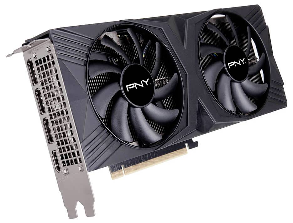Una scheda grafica nera con due ventole, modello 'PNY'. Dispone di porte HDMI e DisplayPort sul lato sinistro.
